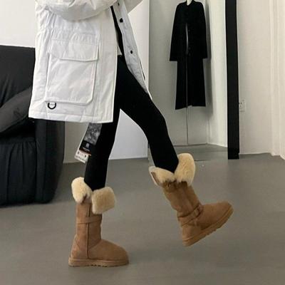 Зимние теплые женские сапоги до середины икры из короткого плюша и замши, тренд 2025 года, мотоциклетные ботинки для женщин