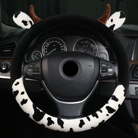Cow Car Steering Wheel Cover with Horns Ears Anti Slip Sweat Absorption Comfortable 15 Inch Universal Women Auto Steering Wheel Protector Car