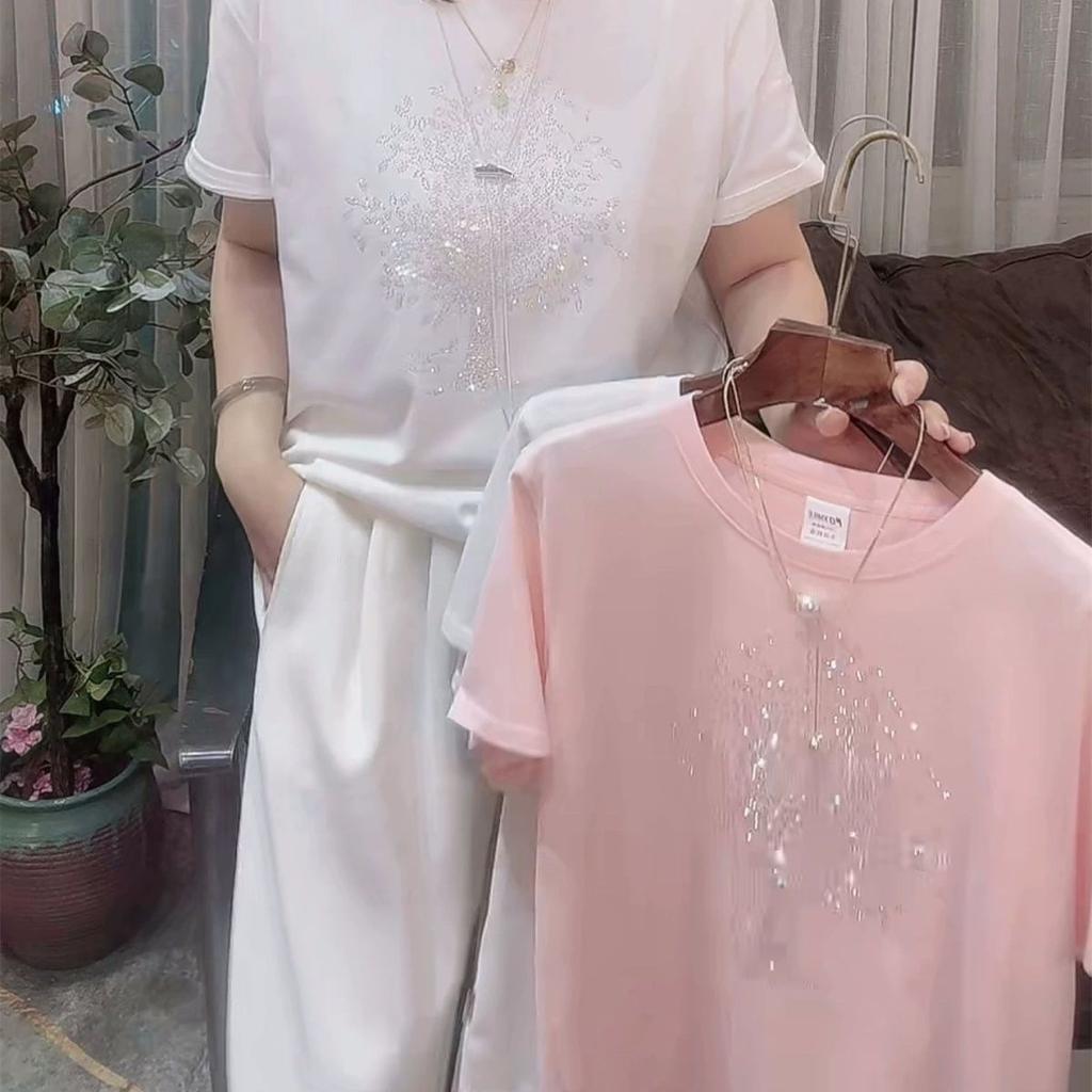 Combed Cotton Iron Diamond Short-sleeved T-shirt for Women's New Versatile T-shirt for Summer Loose Slim Round Neck Fashionable Top