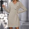 Women's Fashion Spring Fall Solid Color Print Long Sleeve V-Neck Middle Waistline Casual Dresses