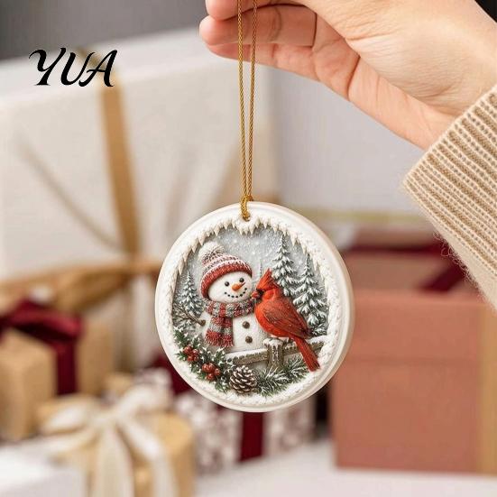 Lightweight Christmas Decor Acrylic Red Bird Ornament, Snow Scene Pattern Xmas Tree Festive Wall Door Hangings Hanging Decor, Retro Round Pendant for