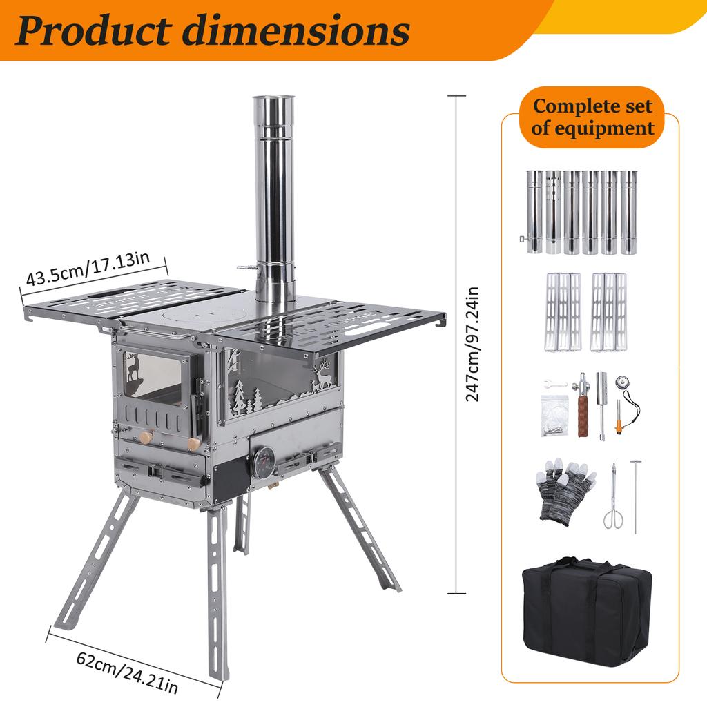 Small Camping Wood Stove with Oven & Camping Table with Chimney Pipe Stainless Steel for Cooking Hiking Fishing Backpacking