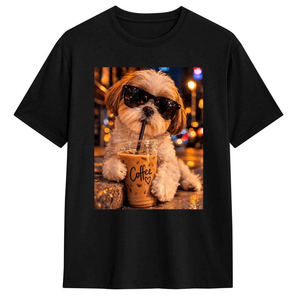 Funny Shih Tzu Drinking Iced Coffee Tshirt Summer Cotton Tshirts For Unisex Design Tshirt Short Sleeve Y2k Casual Clothing