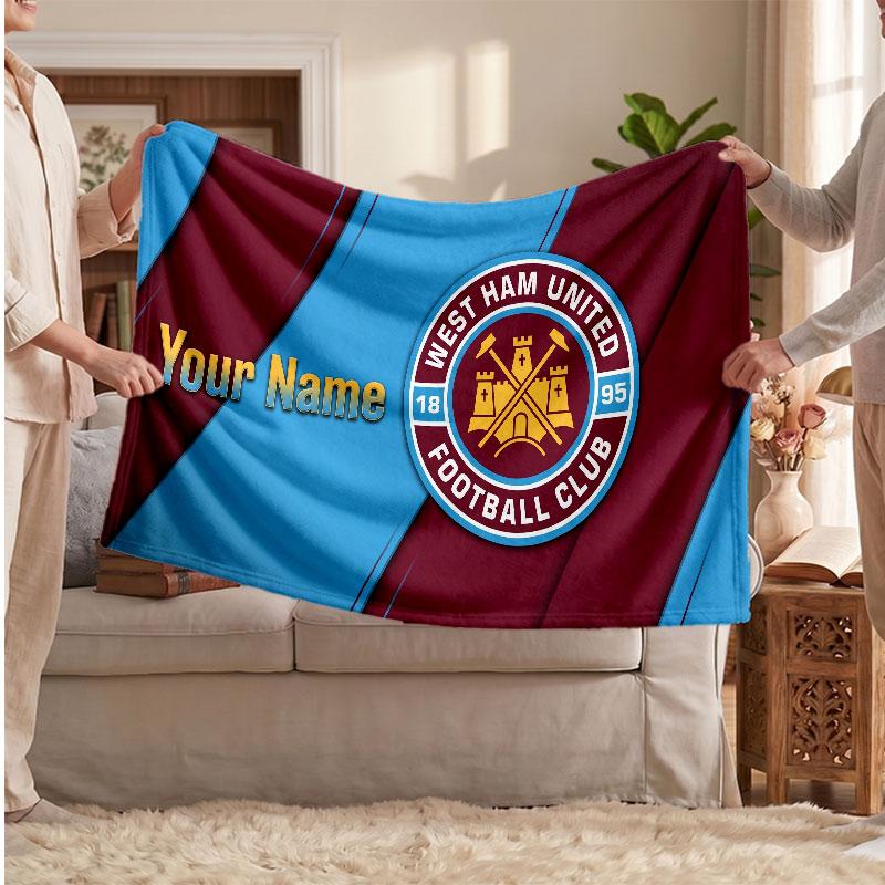 West Ham United football Personalized Fleece Blanket With Football Logo, Custom Name Text Soft Warm Home Throw Blanket