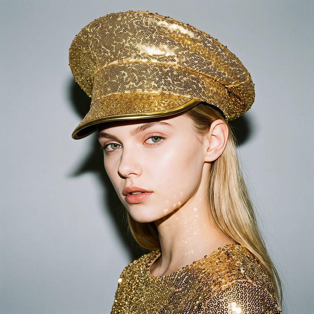 PU Leather Sequin Flat Top Hat Shiny Military Hats Dance Props Captain Cap Cosplay Show