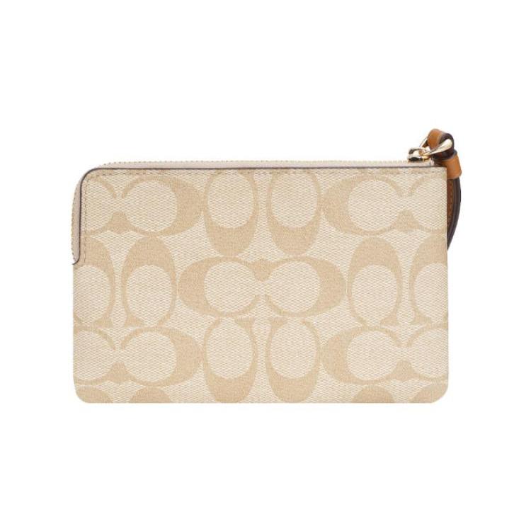 New COACH Corner Zip Canvas With Leather Canvas Bag Mahjong Clutch Wrist Bag Small Size Women's Brown & Khaki Monogram 58035-IMNLJ