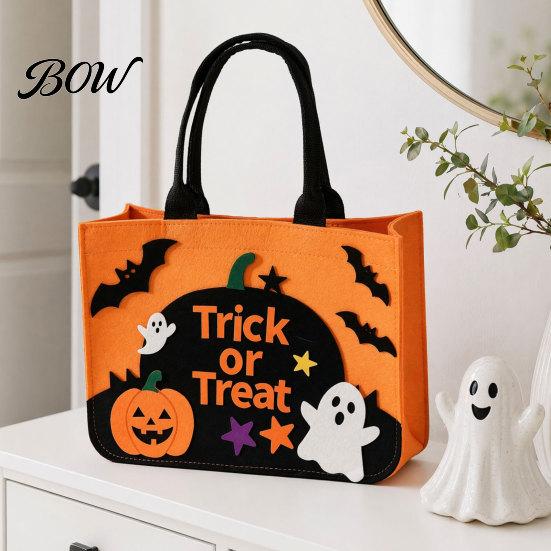 Child-friendly Halloween Bag Trick or Treat Bag, Felt Goodie with Pumpkin Ghost Patches, Candy Large Tote for Kids, Party Favor, Haunted