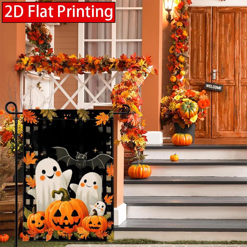 2D Flat - 2D Flat - 2D Flat - 2D Flat Autumn Halloween Maple Leaf Grid Smile Pumpkin Ghost Garden Flag_3-28X40 Inches Outdoor Garden Flag Double-Sided