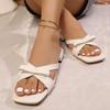 Fashion Elegant Solid White Bowknot Decoration Slip On Sandals Women 2025 Summer Square Low Heels Slides Sweet Party Beach Slippers