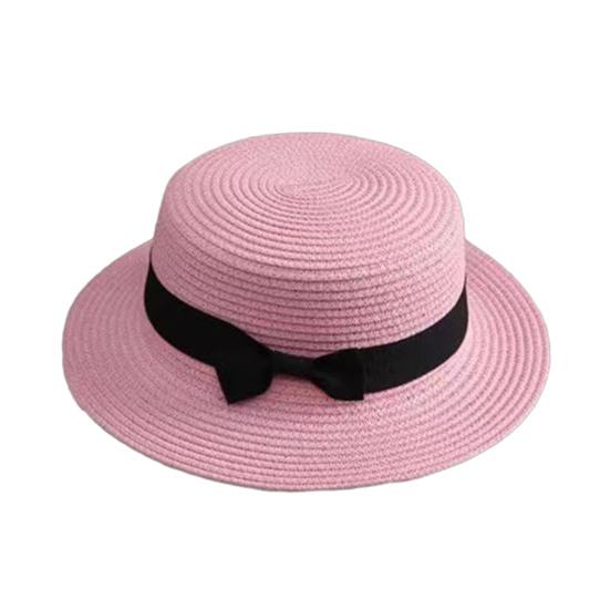 Beach Straw Hat Flat Top Wide Brim Sun Protection Hat with Black Ribbon Bow Hand-Woven Breathable