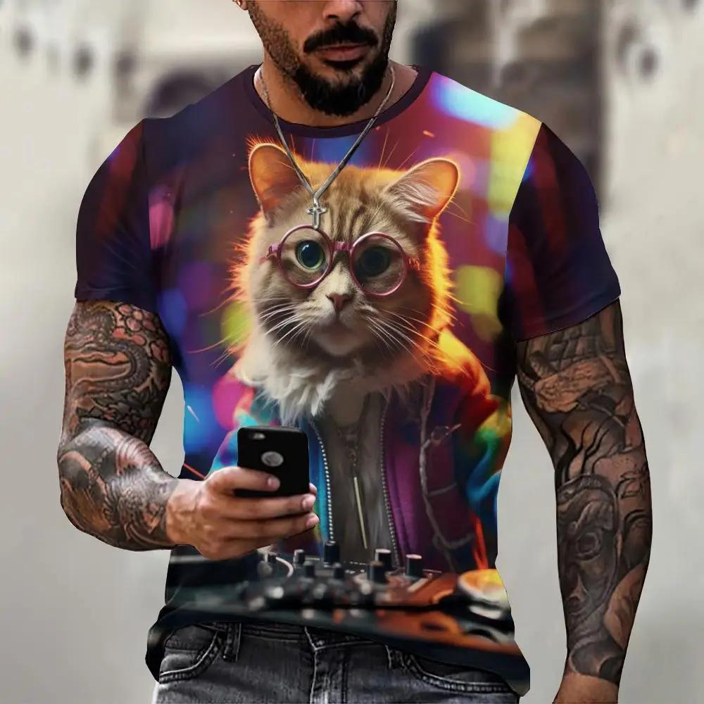 Мужская 3D-печатная футболка Милый рисунок кота Короткий рукав Круглый вырез Пуловер Повседневный топ