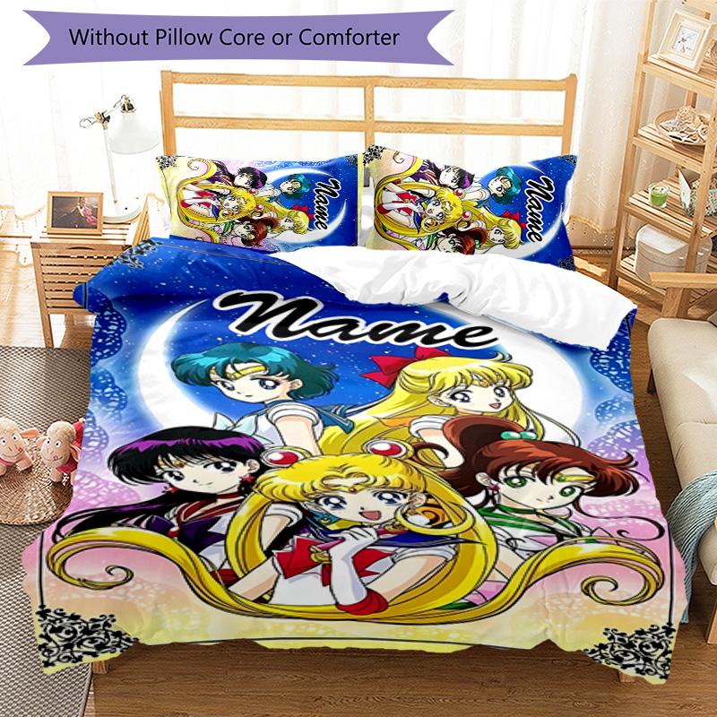3pcs Sailor Moon 2 Cover Set - Personalized Name, HD Printed Bedding with 1 Cover and 2 Pillowcases - Perfect for Home Decor, Easy Care
