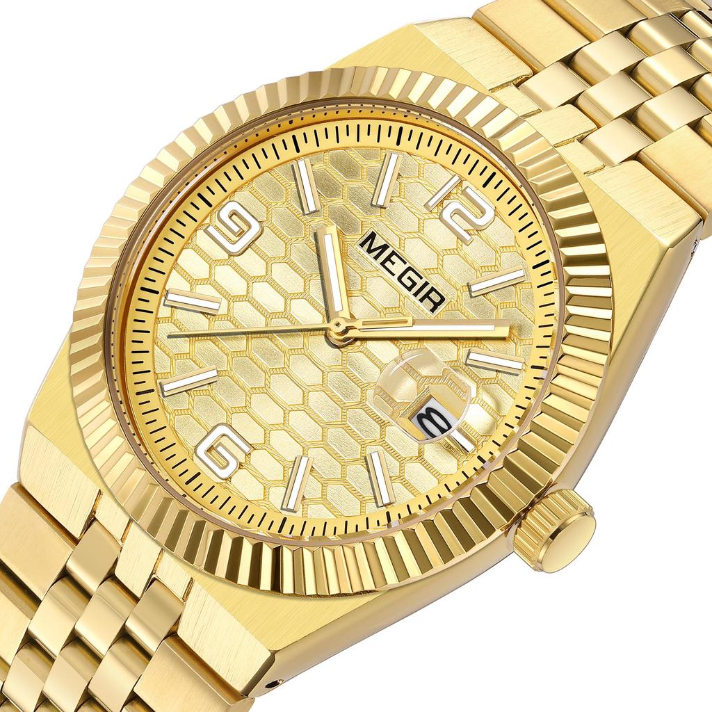 Megir Часы мужские наручные с большим циферблатом, деловые, для отдыха, из нержавеющей стали, водонепроницаемые, люминесцентные, с автодатой, подарок для мужчин, Reloj Hombre 1101