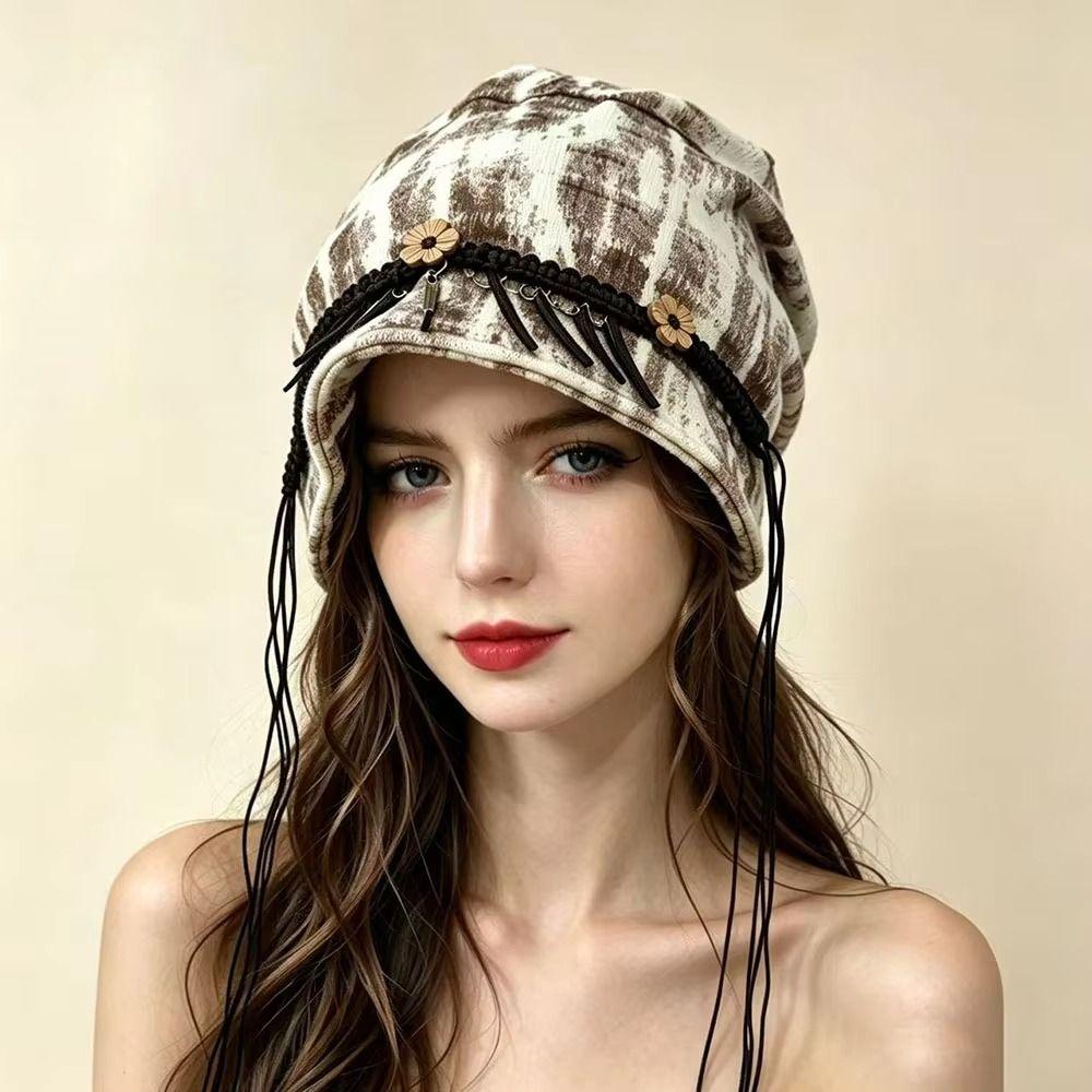 Wood Decoration Ethnic Stye Beanie Retro Vintage Pullover Hat Turban Cap Outdoor Commuting