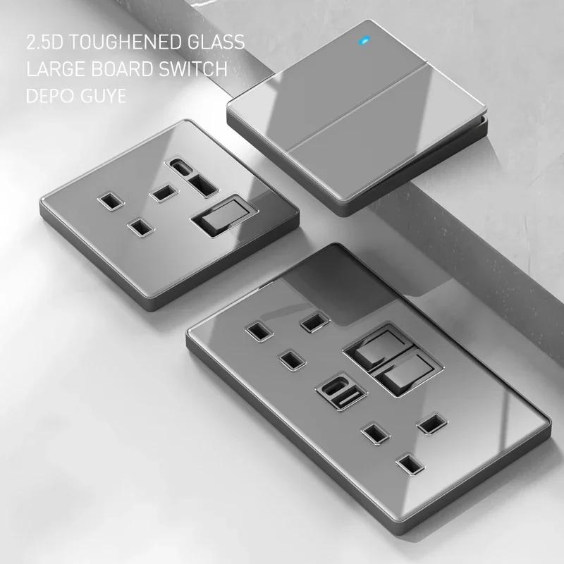 UK 13A Doublel usb электрическая розетка настенный светодиодный выключатель, серое стекло универсальный Type-c 18 Вт интеллектуальная быстрая зарядка розетка питания вилка