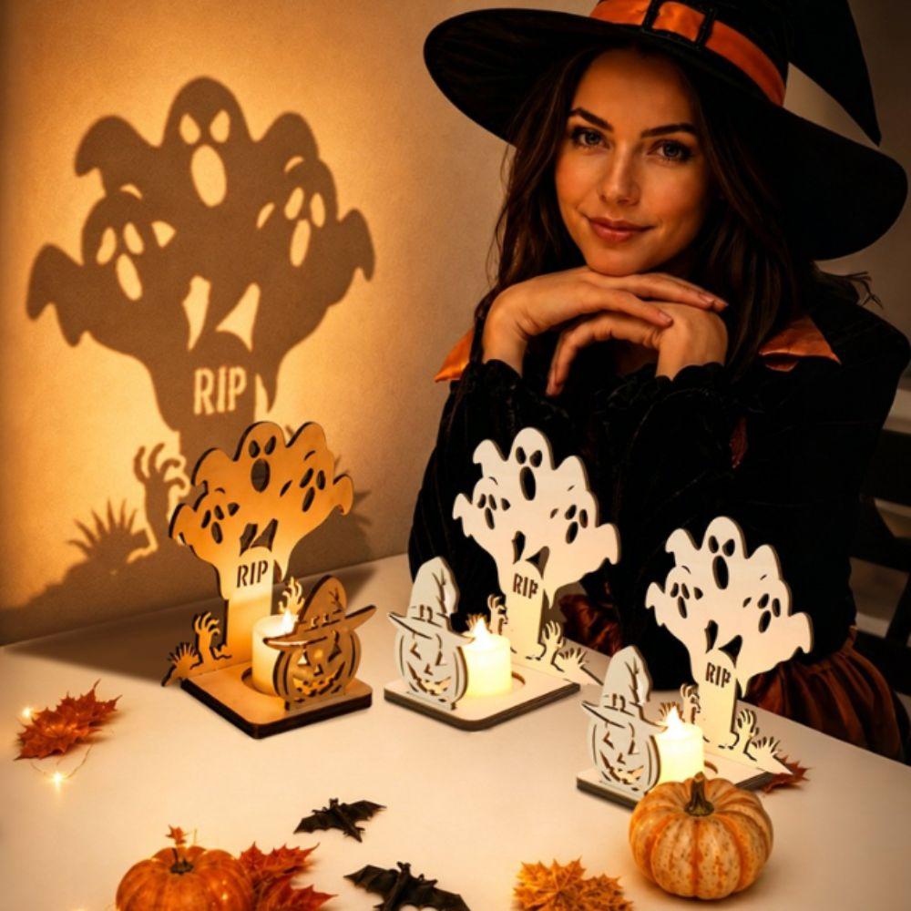 Wooden Material Wooden Candle Holder Shadow Projection Design Halloween Candlestick Indoor Decor