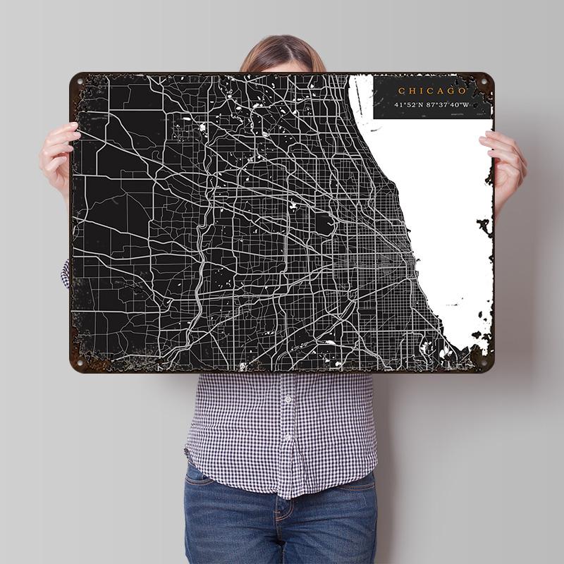 Chicago Map Printing Poster Customized Retro Wall Art Vintage Metal Signs for Room Bedroom Decoration Gaming Office Decor House
