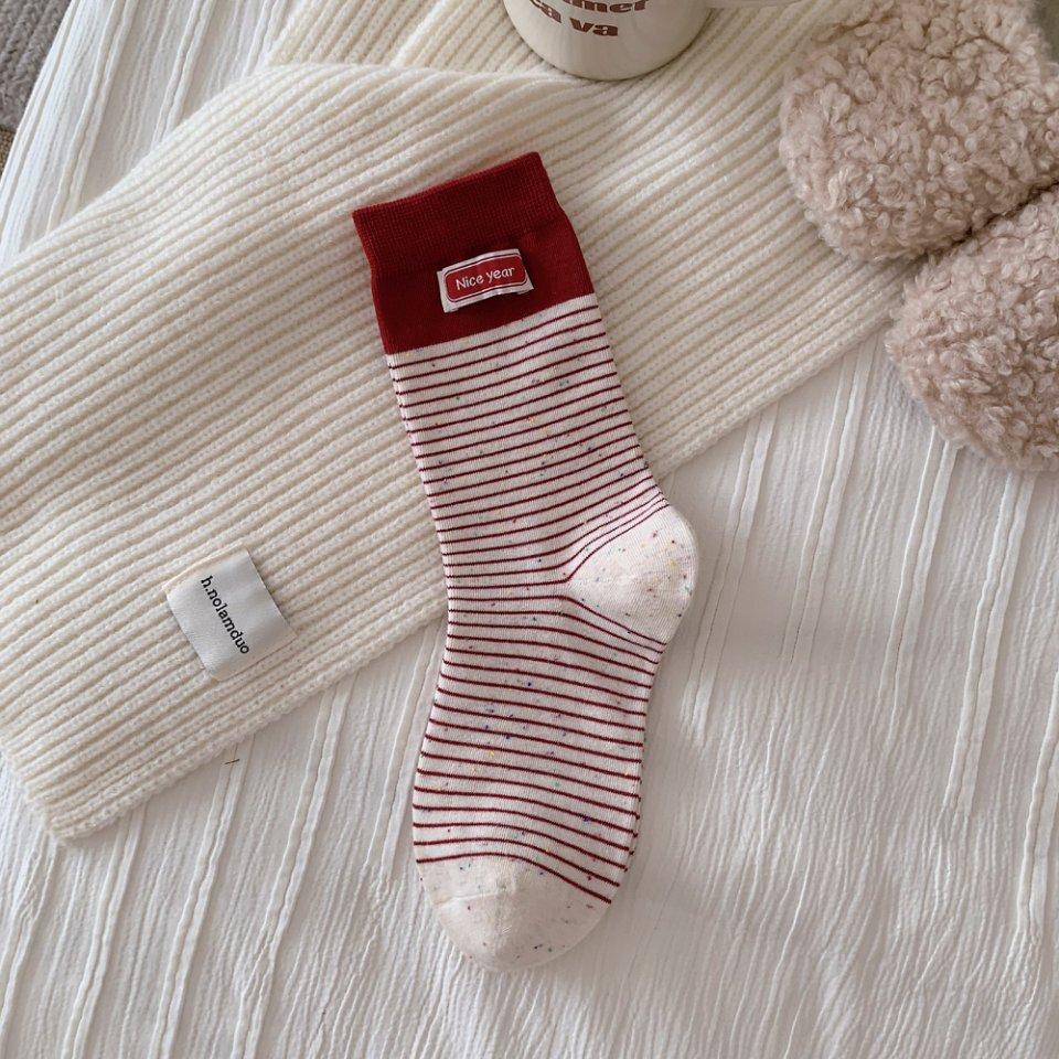 Female Autumn and Winter Bowknot Polka Dot Striped Cloth Logo New Year's Year Red Tube Pile Socks