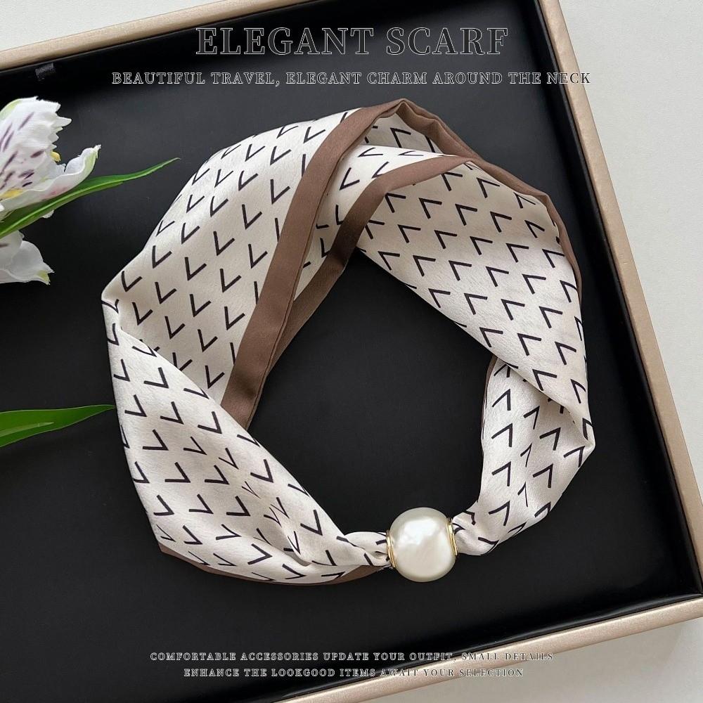 Thin Pearl Silk Scarf Magnetic Clasp Neck Wrap Fashion Neckerchief for Women