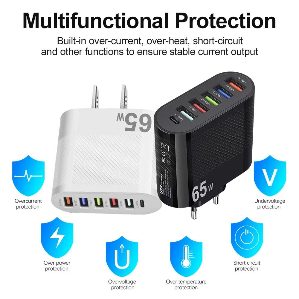 65W PD USB Charger 6 Ports USB Type C Charger Adapter Quick Charge 3.0 Fast Charging For iPhone 14 Samsung Xiaomi Mobile Phone