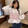 VONDA женские осенние блузки с круглым вырезом и имитацией двух частей в клетку с длинным рукавом