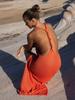 2024 Sexy Women Summer Orange Backless Slit Beach Maxi Dress Knitted Cut Out Swimsuit Bikini Cover-ups Holiday Beach Wear A2789