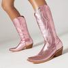 IPPEUM Silver Metallic Cowboy Boots Knee High Embroider Chunky Heel  Cowgirl Shoes Mid Calf Western Botas Cowboy Mujer