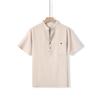 Men's Cotton and Linen Short Sleeved Stand Up Collar Half Buttoned Shirt - Spring and Summer Casual Outdoor Wear