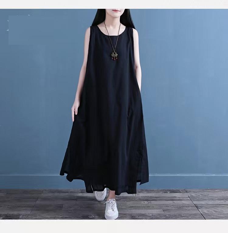 Хлопково-льняной жилет-юбка 2025 лето новый фанат однотонное двухслойное платье большой размер свободный темперамент длинная юбка