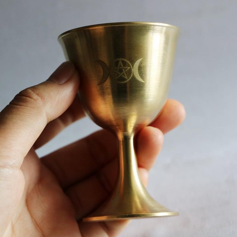 62KD Ritual Cup Altar Goblet Wicca Gold Plating Brass Ceremony Moon Divination Astrological Tool Witchcraft Prop Supplies