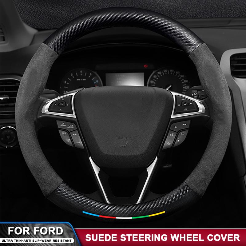 For Ford Focus Mondeo Ranger F150 Raptor Puma Edge Explorer Ecosport Kuga Car Suede Carbon Fiber Anti-slip Steering Wheel Cover