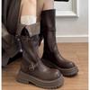 Cowhide Version~ Thick-soled Heightening Boots Women's Autumn and Winter Versatile British Style Thick Heel Maillard Retro Knight Boots