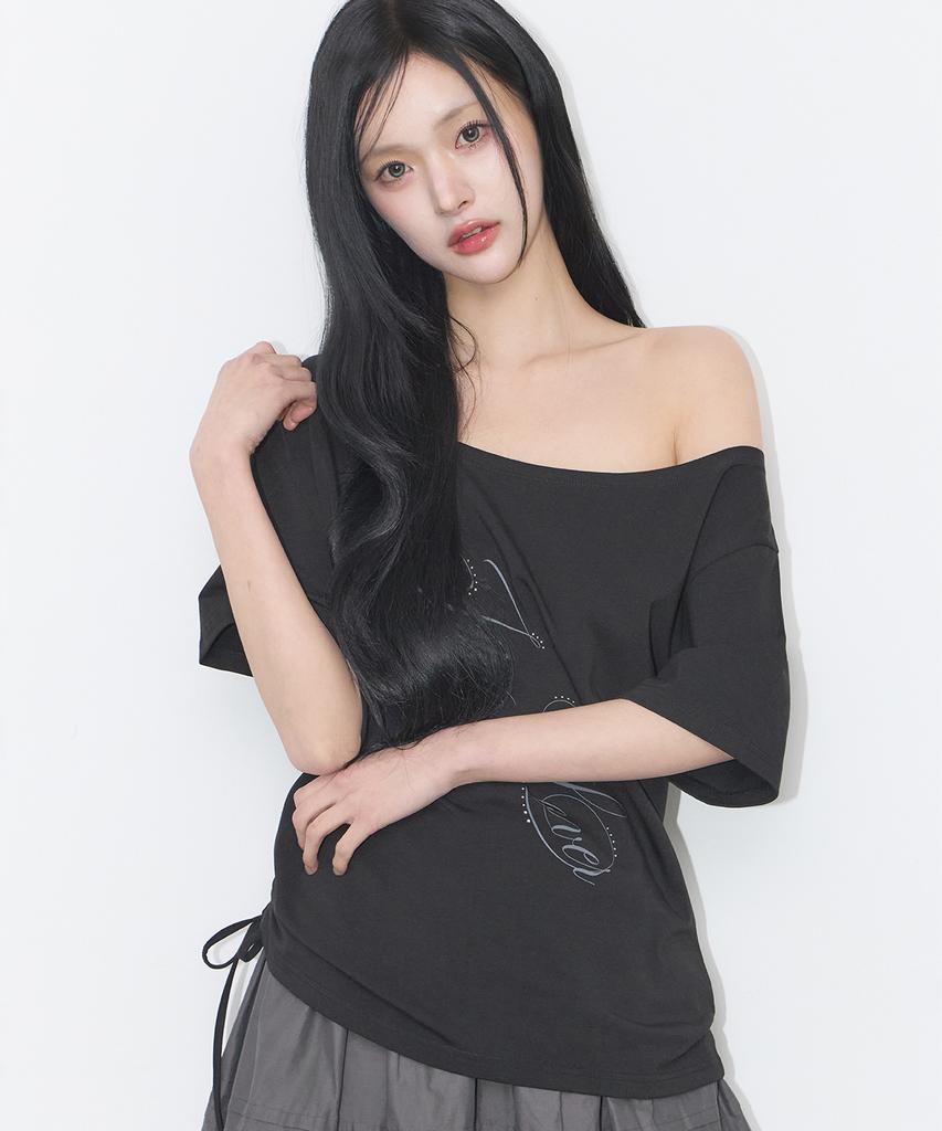 ILLIGO Ribbon String Off-Shoulder T-Shirt Black