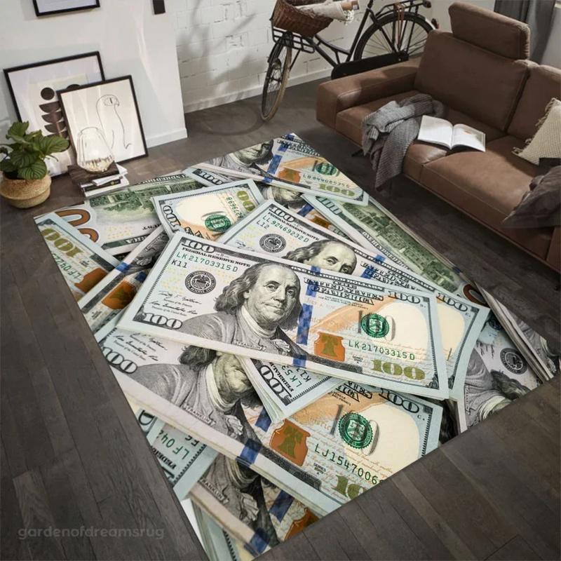 VIKAMA Vintage Dollar Bill Printed Rug, Non Slip Classic US Currency Theme Rug, Perfect for Living Room and Bedroom Home Decor