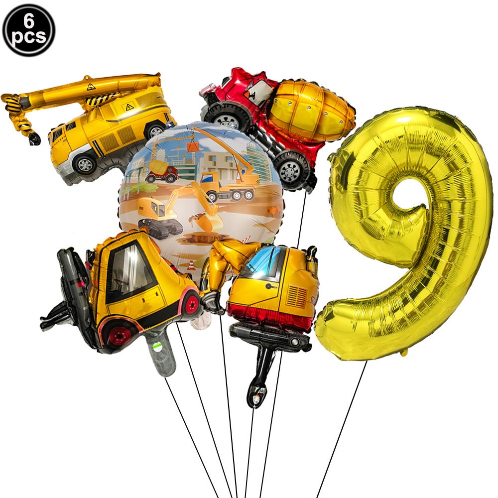 Excavator Vehicle Gold Black Digital Balloon Set For Boys Dump Truck Engineering Kids Construction Theme Birthday Party Supplies