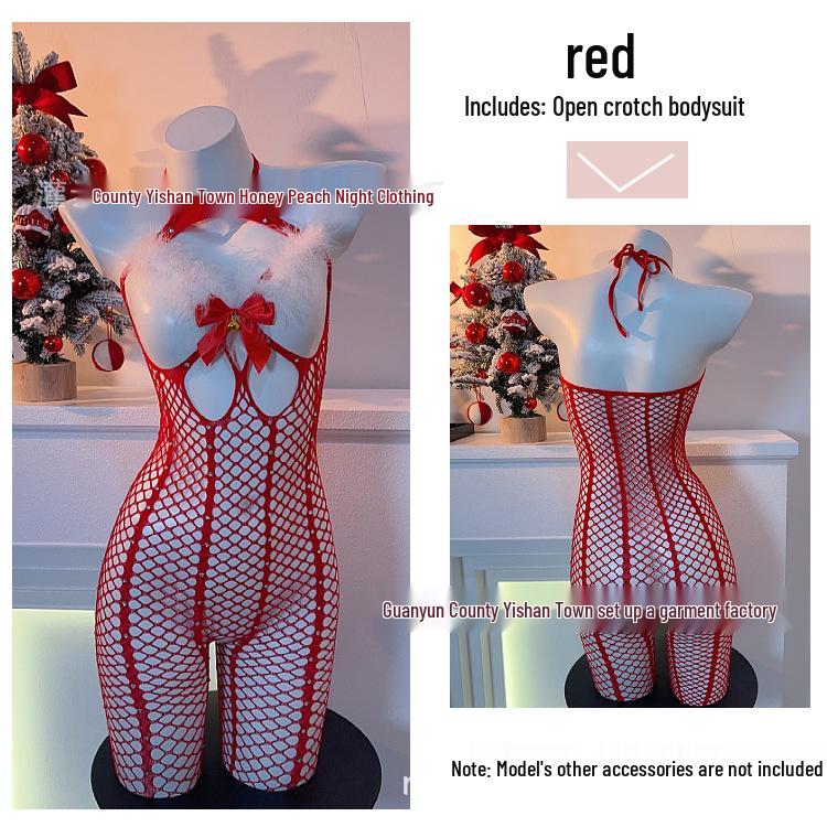 Festive Red Striped Bodystocking with Plush and Hot Drill Accents