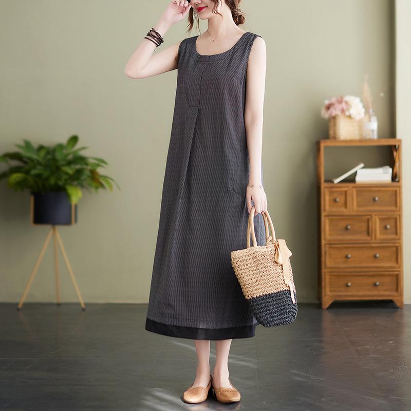 Summer Literary Plus Size Loose Casual Sleeveless Vest Medium Long Dress for Women Casual Dresses