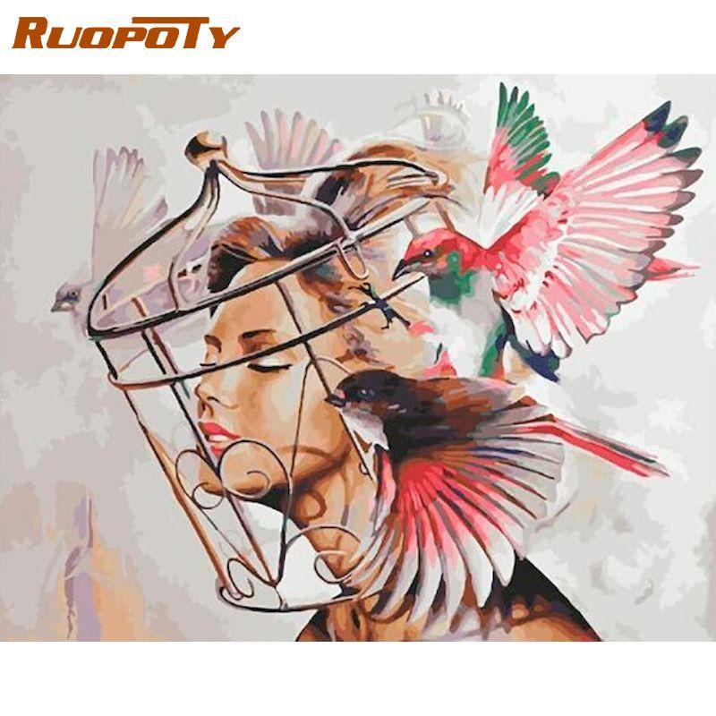 RUOPOTY Девушка и красочная фигурка льва, наборы для рисования по номерам, в рамке 60x75 см, DIY масляные краски, раскраска на холсте, домашний декор, искусство