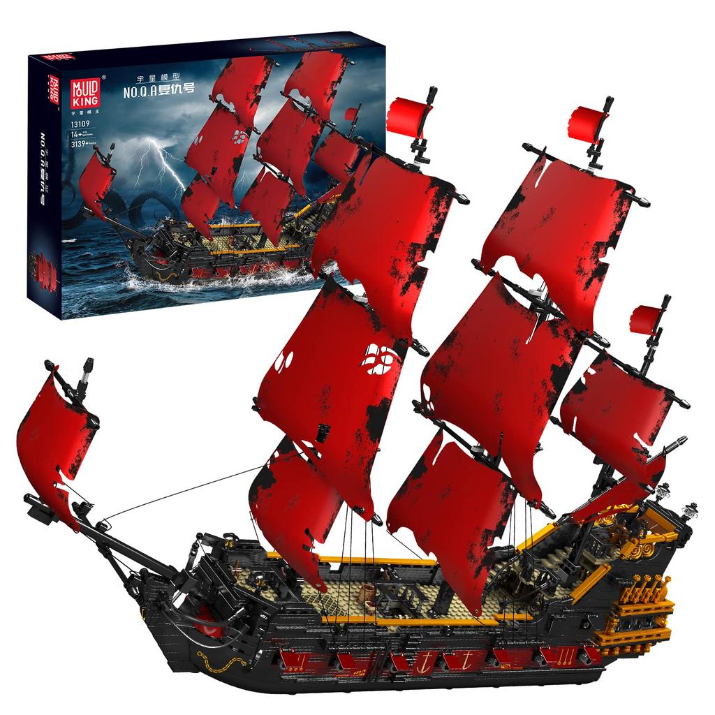 Mold King 13109 Technic Yacht Model, Queen Anne Revenge Big Red Pirate Ship Clamping Block Kit, 3139 Pieces, Large MOC Technology Queen Anne Revenge