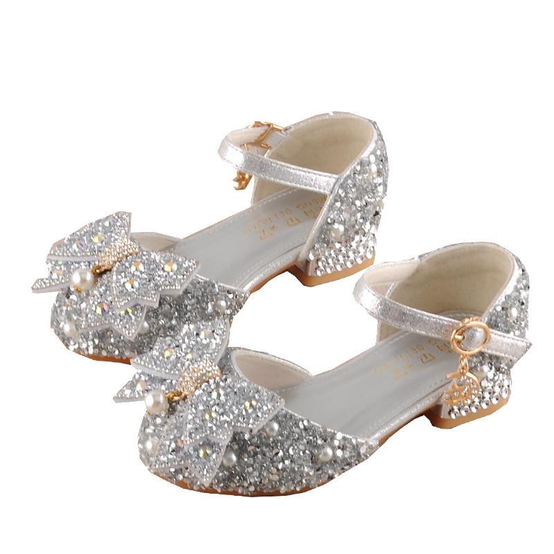New Arrival: Girls' Crystal Bow High Heels - Shiny Princess Shoes for Piano Performances, Leather Material
