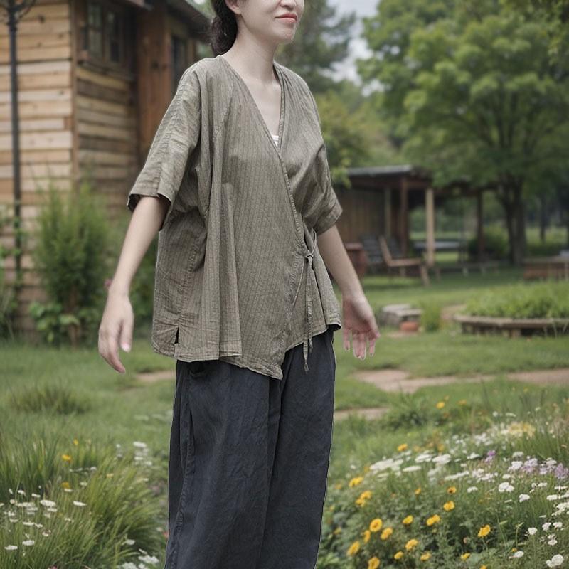 Johnature Женские винтажные блузки Летние рубашки с V-образным вырезом и коротким рукавом Топы с поясом Рубашки в китайском стиле Женские рубашки