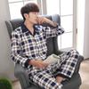 Large Size Warm Sleepwear for Winter Pajamas Men's Long-Sleeved Youth Home WearSet Cartoon Bear Plaid Simple Loungewear