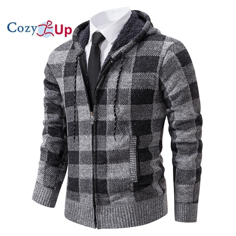 Cozy Up Мужской свитер, пальто, осень-зима, толстый, теплый, с капюшоном, клетчатый шерстяной свитер, кардиган, флисовое пальто на молнии, мужское пальто