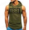 Men's Sleeveless Letter Print Hand Insert Pocket Fitness Sports Draw Rope Hooded Vest Top