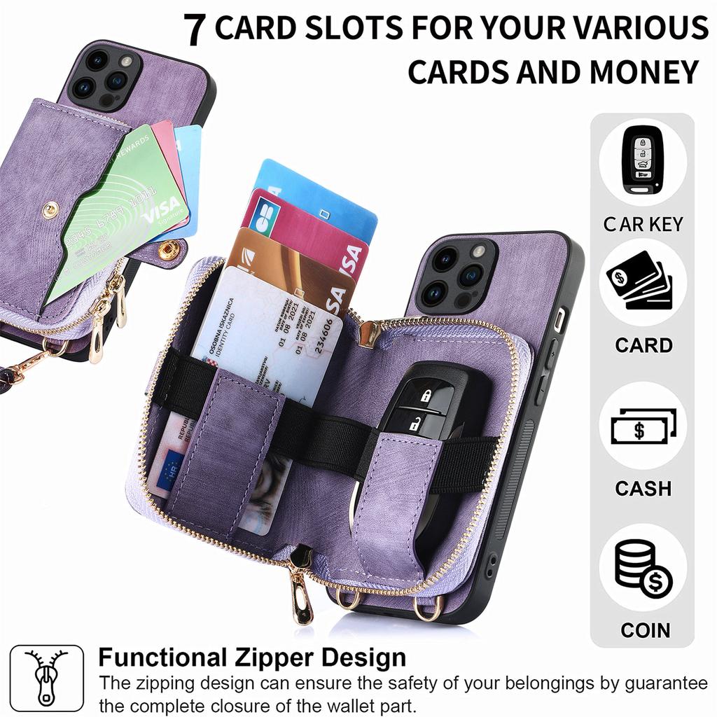 Crossbody Multifunctional Zipper Leather Purse Wallet Case for iPhone 15 14 Plus 13 12 11 Pro Max for Samsung S24 S23 S22 S21 S20 Ultra Plus A15 A25