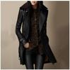 British Style Women's Mid-Length Slim Fit Leather Jacket with Fur Collar