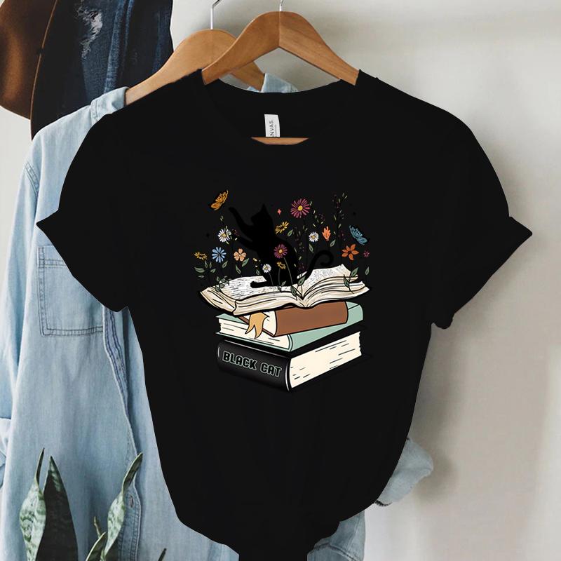 Футболка с принтом «Кошка с книгой» Футболка унисекс с цветочным принтом и принтом «Полевые цветы» Футболка с короткими рукавами для летних любителей книг Литература FeУнисекс Топы Топы унисекс