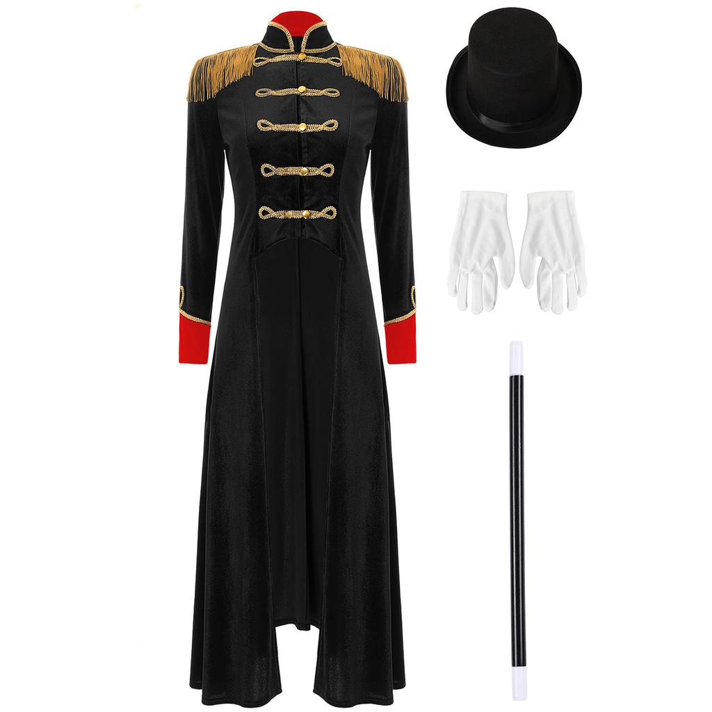 Womens Circus Ringmaster Costume Long Sleeve Velvet Tailcoat Jacket Hat Wand Gloves