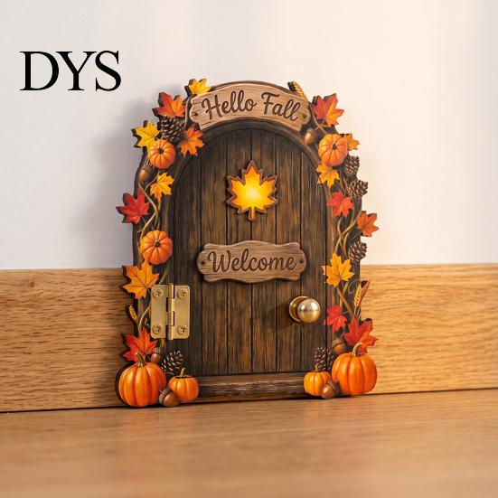 Fall Home Decor Accents Elf Wooden Door Halloween Decor, 2D Fairy Mouse Miniature Wall Rustic Autumn Shelf Hanging, Ornament for Home, Thanksgiving