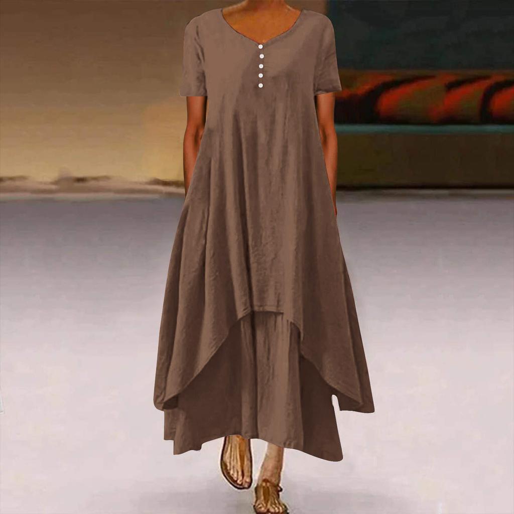 Женская мода Boho сплошной цвет с коротким рукавом свободное повседневное нерегулярное платье